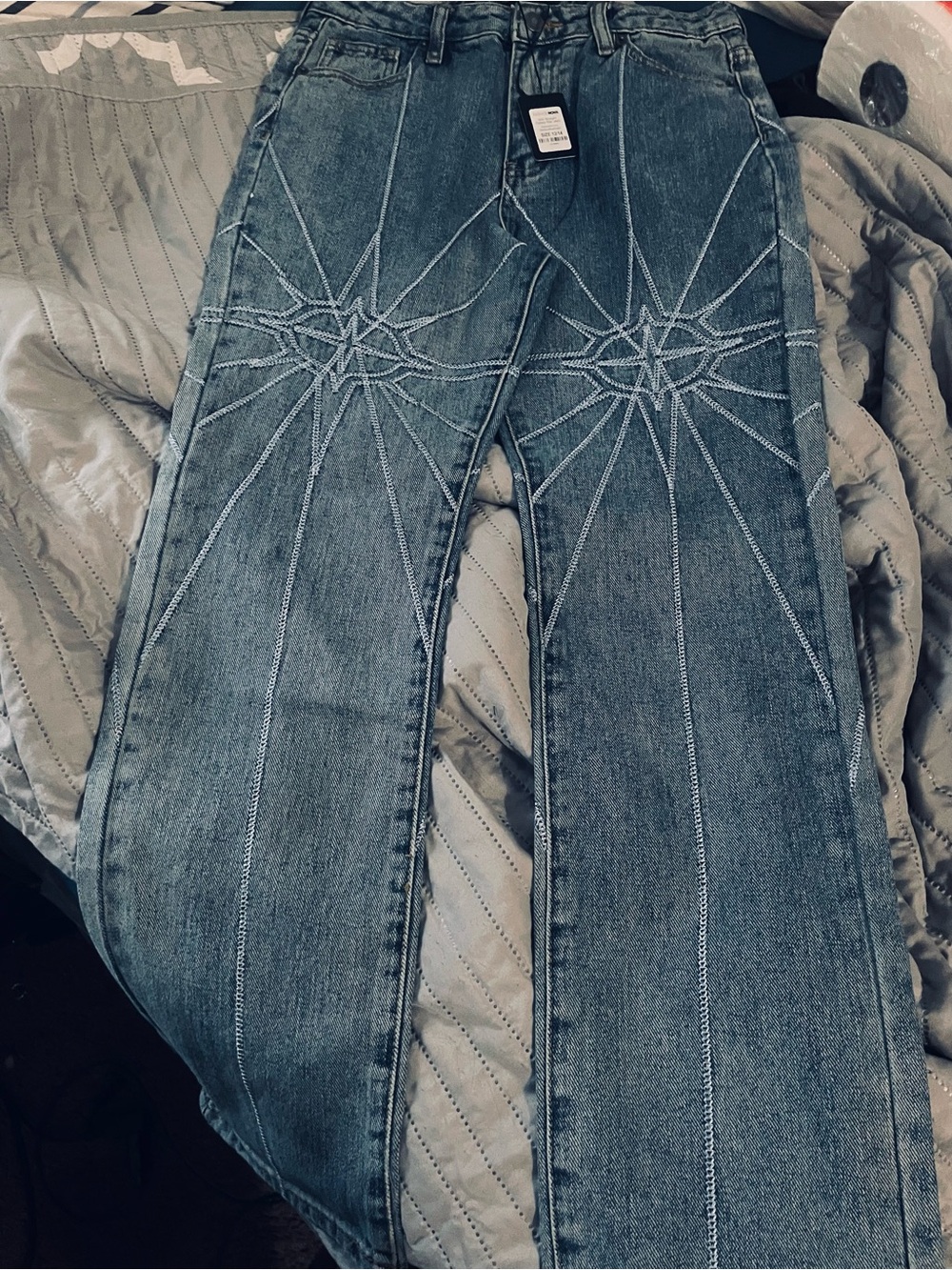 Fashion Nova Girls' Blue Denim Jeans with Starburst Stitching